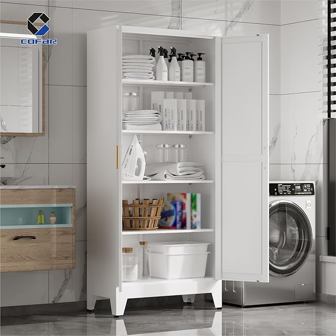 COFaR 71'' Tall Metal Pantry Cabinet, Kitchen Storage Cabinet with Doors and Shelves, Freestanding Farmhouse Food Cupboard for Kitchen Dinning Room Garage, White 5-Tier