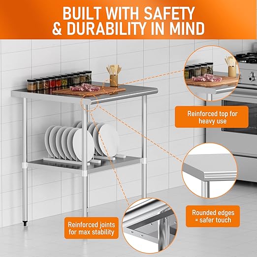 Stainless Steel Table for Food Prep & Work 24 x 30 inches Utility Table with Adjustable Undershelf, Commercial Workstation in Kitchen, Garage, Laundry, Outdoor BBQ