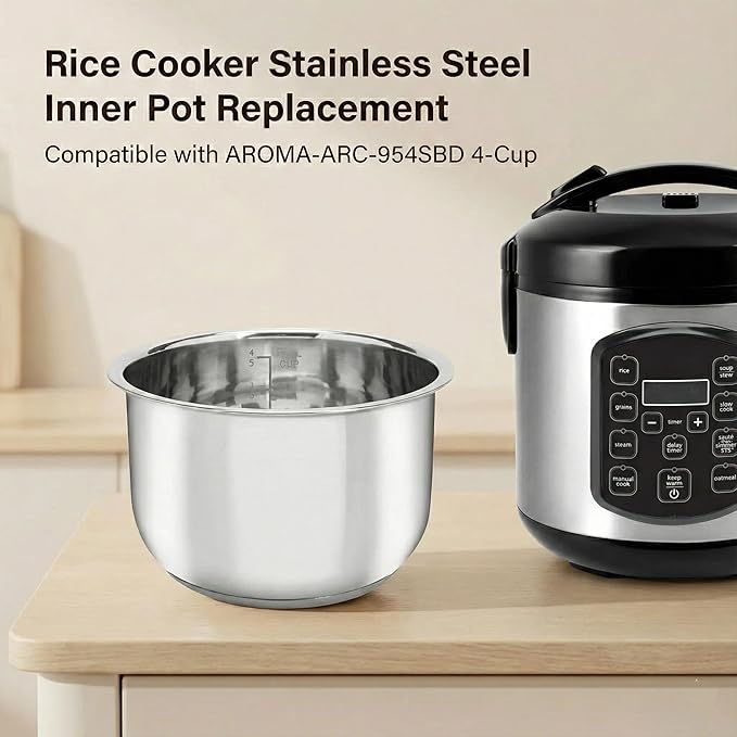 Rice Cooker Replacement Pot, Compatible with AROMA-ARC-954SBD and ARC-914SBD 4-Cup, 304 Stainless Steel for Everyday Home Cooking, Durable Easy-Clean Design