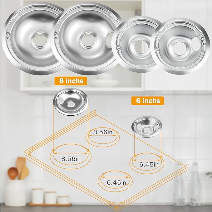 4 Pack (2) 6" & (2) 8" Electric Stove Burner Covers, Drip Chrome Pan Set Replacement for GE/Hotpoint WB31T10010 and WB31T10011