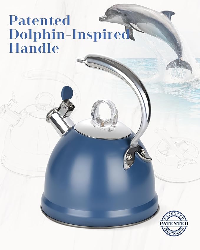 Harriet Tea Kettle Stovetop, 2.5 Quart Whistling Stainless Steel Tea Pot, 3-Layer Base, Unique Ergonomic Handle, Includes Pot Holder & Mat, Electric/Induction/Gas Stovetops Applicable, Blue