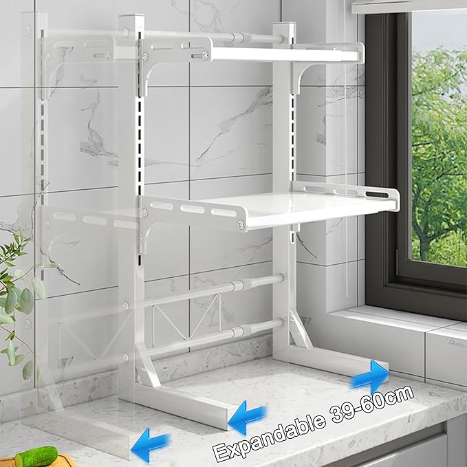 2-Tier Heavy Duty Expandable Kitchen Shelf - Adjustable Countertop Rack for Utensils & Tableware Storage, Microwave Oven Stand with 6 Hooks for Seasoning & Rice Cooker, White