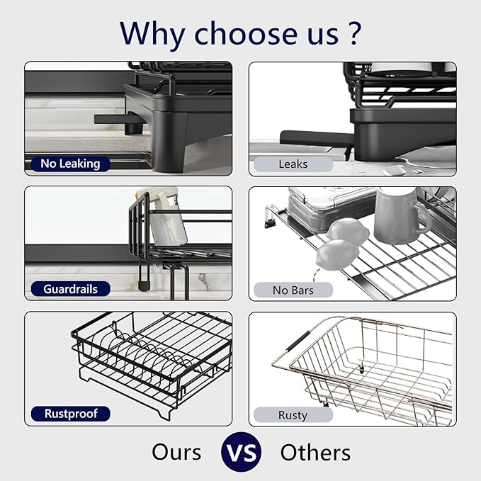 MIKEE Small Dish Drying Rack for Kitchen Counter, Expandable Rustproof Dish Drainer - Over The Sink Dish Drying Rack with 360° Rotating Drain, Kitchen Utensil Holder, Home and Kitchen Organization