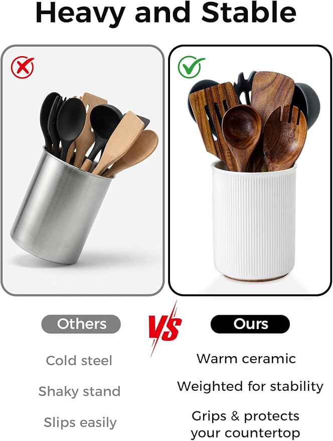 LoeJan Utensil Holder, Extra Large Utensil Crock, Stable Ceramic Utensil Organizer, Cooking Tool Organizer Set for Kitchen Counter Farmhouse Decor (E-6.7" White)