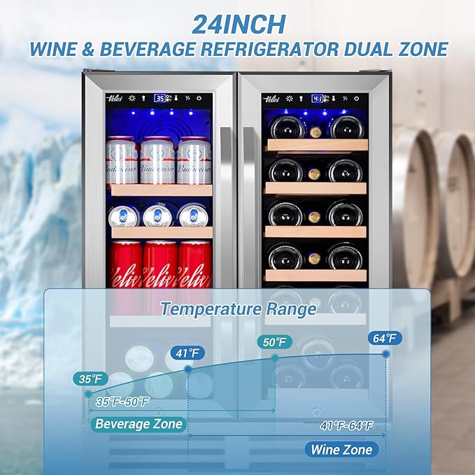 Wine and Beverage Refrigerator, 24 Inch Dual Zone Wine Beverage Cooler Under Counter with Glass Door&Lock, 18 Bottles and 68 Cans Large Capacity for Beer Soda Drink, Built-In or Freestanding Fridge