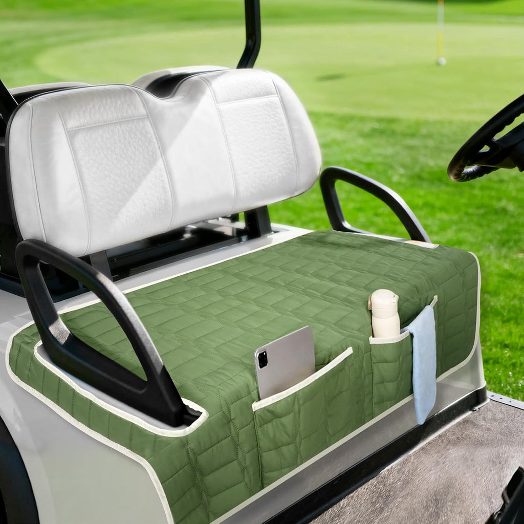 Golf Cart Seat Cover, Universal Bench Seat Cover with Storage Pockets, Non-Slip Seat Protector for Golf Cart, Fits EZGO Club Car Yamaha, Easy Install, Dark Green