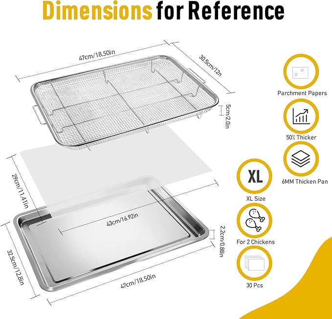 Extra Large Air Fryer Basket for Oven 18 x 12 Inch Stainless Steel, Oven Air Fryer Basket and Tray Set with 30 PCS Parchment Papers, Bacon Cooker Broiler Pan for Oven, Bakeware Sets Oven Rack-2 Piece