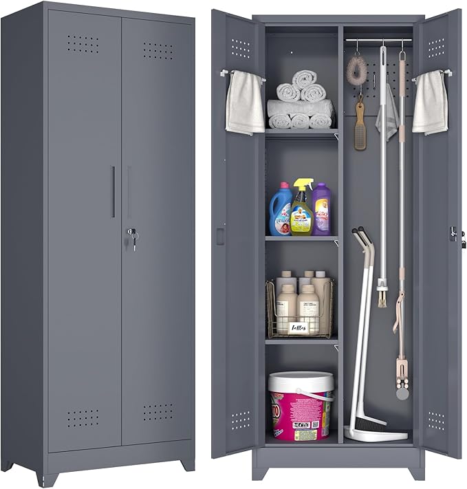 GREATMEET Broom Closet, Broom Closet Cabinet with Pegboard and Hanging Rod, Cleaning Supplies Storage Cabinet for Bathroom, Garage