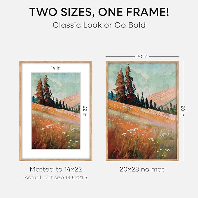 Homeforia 20x28 Picture Frame Wood, High End Natural Oak 20 x 28 Light Wooden Poster Frame with Mat 14 by 22, 20x28 Frames Matted to 14x22 Photo, 28by20 Thin Frames, Tempered Glass, Wall Kit, Set of 2