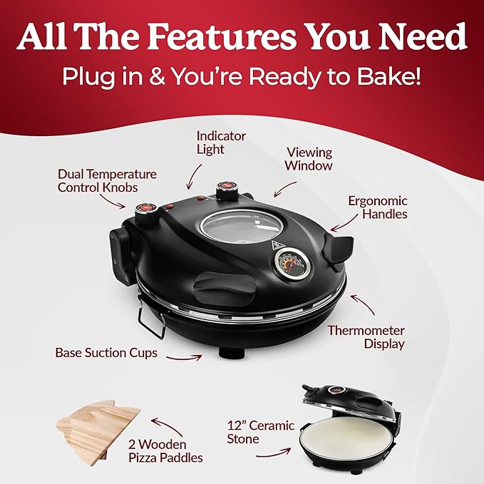 PIEZANO Crispy Crust Pizza Oven by Granitestone – 12 Inch Electric Pizza Oven Indoor Countertop Maker with Ceramic Stone Heats up to 800˚F for Stone Baked Pizzeria Style at Home As Seen on TV Products