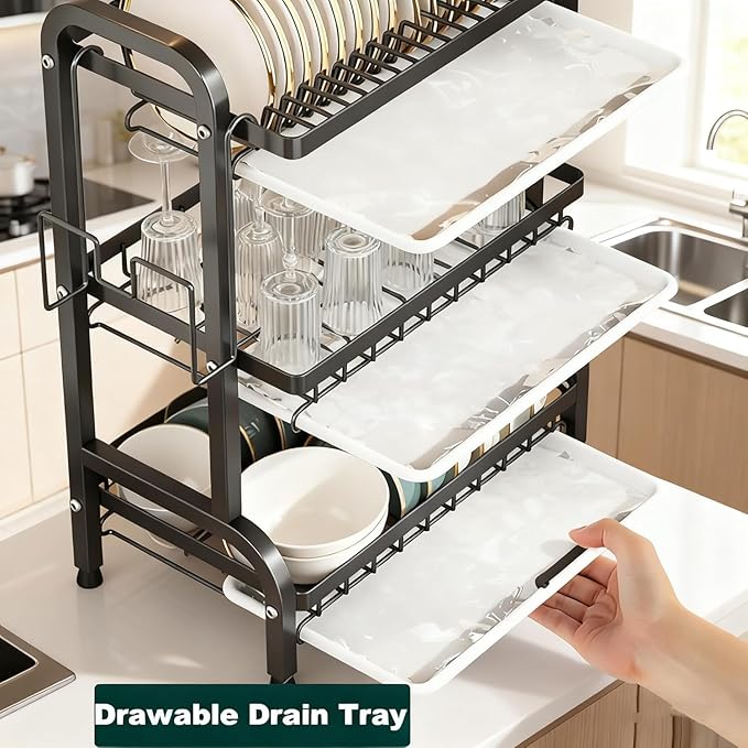 Vergissm Large 3-Tier Dish Drying Rack with Drain Tray - Rustproof Carbon Steel Kitchen Organizer for Countertop with Utensil & Cutlery Holder, Spacious Drainboard - Multifunctional Dish Drainer