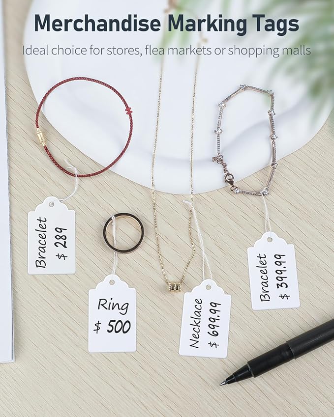 Uniclife 200 Pcs Price Tags 1.8 Inch Writable Price Labels White Price Display Tag for Pricing Clothing Jewelry Gifts Blank Hang Tag Merchandise White Marking Tags with Strings, 1.8" x 1"