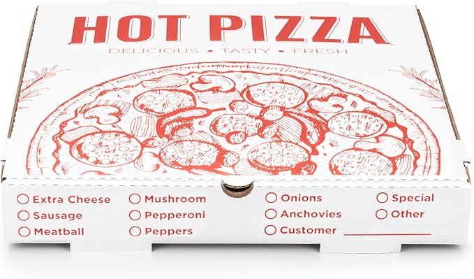 Karat Pizza Boxes 14" x 14" [50 Pack] Classic Red Print Grease-Resistant Corrugated Pizza Box, Ventilated & Convertible to Plate, Perfect for Personal & Pizzas