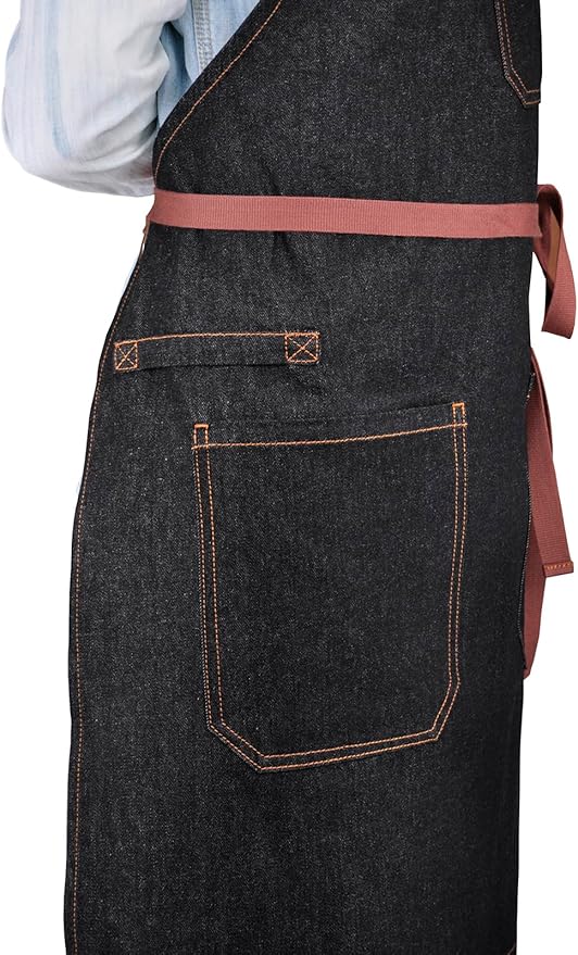 Professional Apron with Pockets, Mens Womens Chef Kitchen Bib Black Denim Apron for Cooking Grill BBQ Server, with Cross Back Straps and Towel Loop