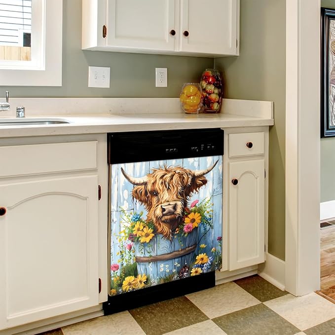 Highland Cow Flower Pot Wood Dishwasher Magnet Cover, Reusable Refrigerator Panel Stickers Microwave Front Door Covers Magnets for Kitchen Home Appliances Holiday Party Decorations 23 X 26 in