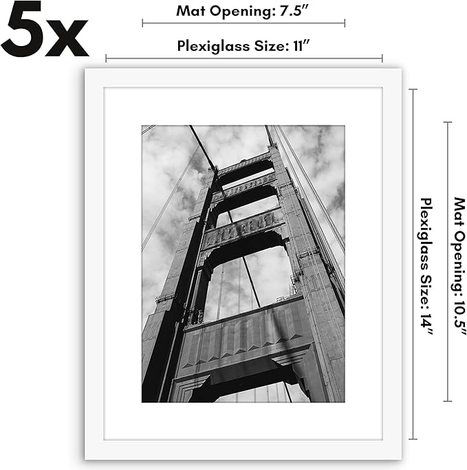 Americanflat 11x14 Picture Frame with Polished Plexiglass - Set of 5 - Use as 8x11 Frame with Mat or Display 11x14 Photo Without Mat - Galleria Collection - Picture Frames for Wall Display - White