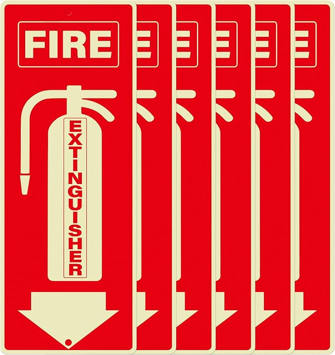6 Pack Fire Extinguisher Signs 10 × 4 Inches Glow in the Dark Aluminum Sign Waterproof UV Protected Fade Resistance Signage for Home Office Business