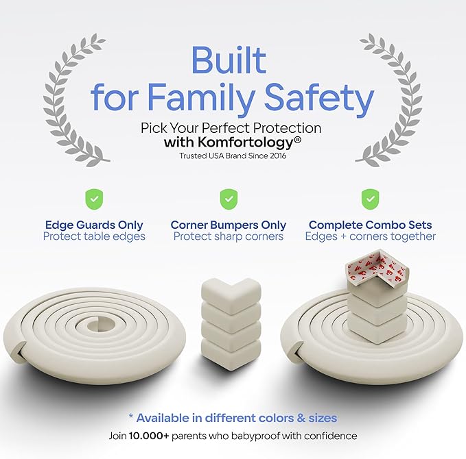 Furniture Edge 16.2ft & Corner Guards | Protective Foam Cushion | 15ft Bumper 4 Adhesive Childsafe Corners | Baby Child Proofing Foam Set and Safe for Table, Fireplace, Countertop | Brown