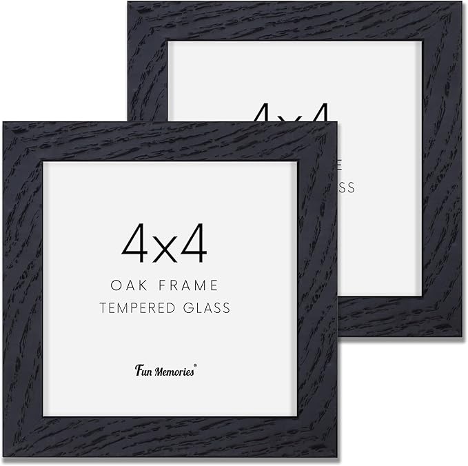 Fun Memories 4x4 Picture Frame, Solid White Oak Wood Frame 4 by 4, 4 x 4 Square Photo Frame with Tempered Real Glass, Rustic Wooden Frame 4"x4" for Wall & Tabletop Display, Black Color, Set of 2