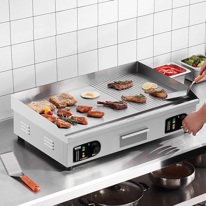 VEVOR Upgraded Commercial Electric Griddle, 2800W Countertop Half-Flat Top Grill, 122℉-572℉ Adjustable Temp, 29'' Stainless Steel Griddle Grill for Home or Restaurant(No Plug)