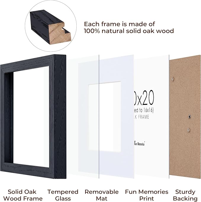 Fun Memories 20x20 Square Picture Frames, Rustic Solid Oak Wood Frame 20 x 20 for Wall, Wooden 20 by 20 Photo Frames with Tempered Real Glass, 20x20 Frame Matted to 16x16, Black Color, Set of 2
