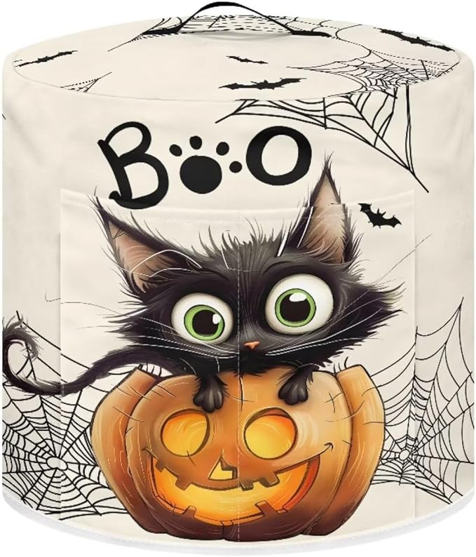 Kitchen Appliance Dust Cover for Portable Air Fryer Round Protective Bag with Top Handle and Storage Pocket 6 Quart Pressure Cooker Cover Halloween Cute Black Cat