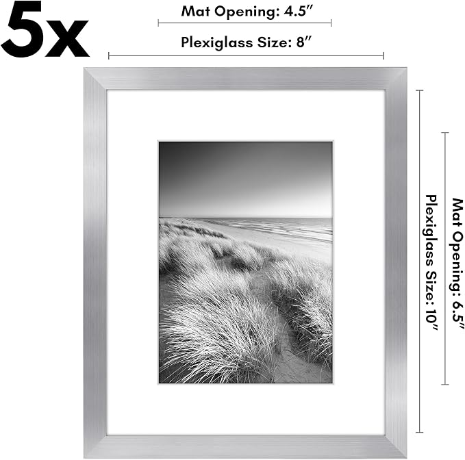 Americanflat 8x10 Picture Frame with Plexiglass - Set of 5 - Use as 5x7 Frame with Mat or Display 8x10 Photo Without Mat - Galleria Collection - Picture Frames for Tabletop or Wall - Silver