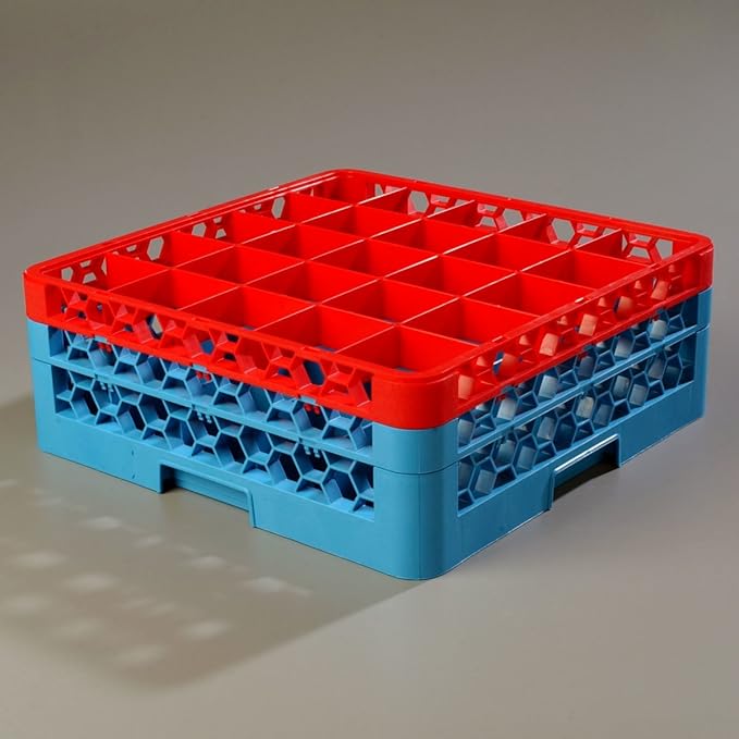 CFS RG25-2C410 OptiClean 25 Compartment Glass Rack with 2 Extenders, 7.12", Polypropylene, Red/CFS Blue