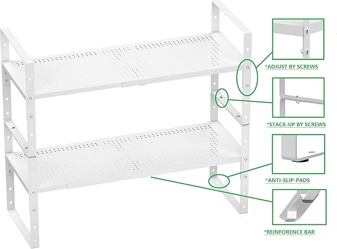 Expandable Shoe Rack Stackable Metal Pantry Storage Shelves Stand Adjustable Height Cabinet Shelf Organizer Racks Spice Shelving(2PACKS/WHITE,MEDIUM)