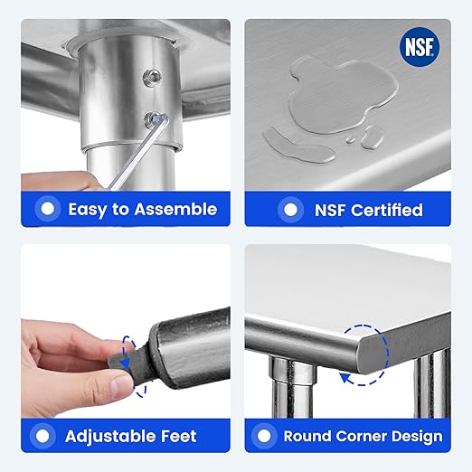 Hally Stainless Steel Table for Prep & Work 14 x 30 Inches, NSF Commercial Heavy Duty Table with Undershelf and Galvanized Legs for Restaurant, Home and Hotel
