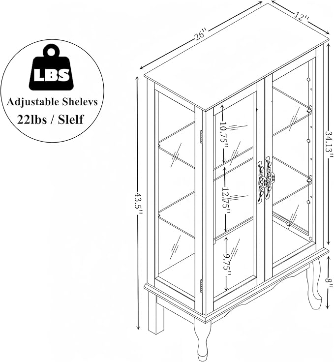 43" H Lighted Curio Cabinet Display Case with Light Bulb, Glass Curio Cabinet with Adjustable Shelves & Tempered Glass Door, Wooden Cabinets w/Mirrored Back Pane for Living Room(Oak)