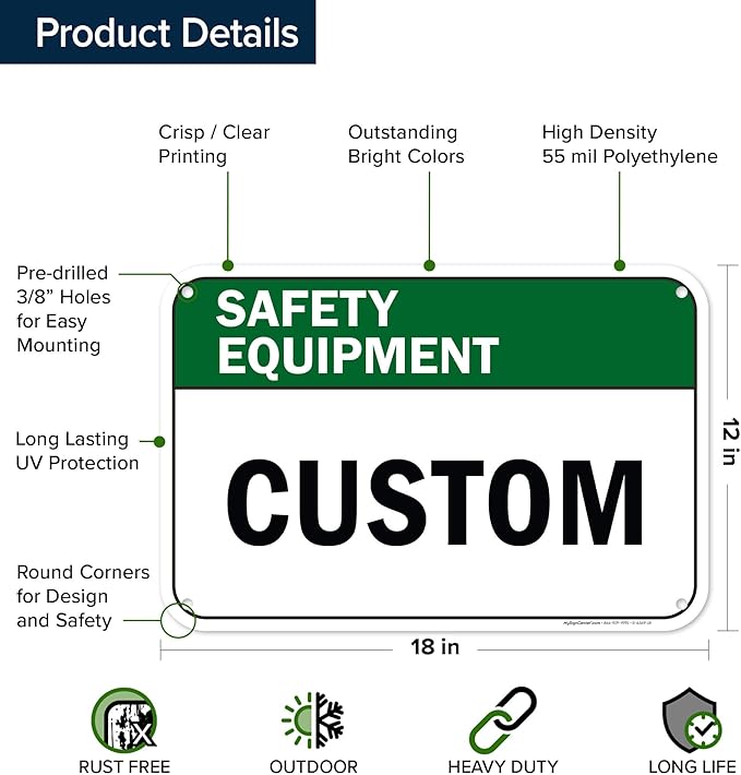 Custom Safety Equipment Sign, Ansi Sign, Osha Compliant, 12x18 Inches, 55 mil thick HDPE (high density polyethylene), Made in USA by My Sign Center