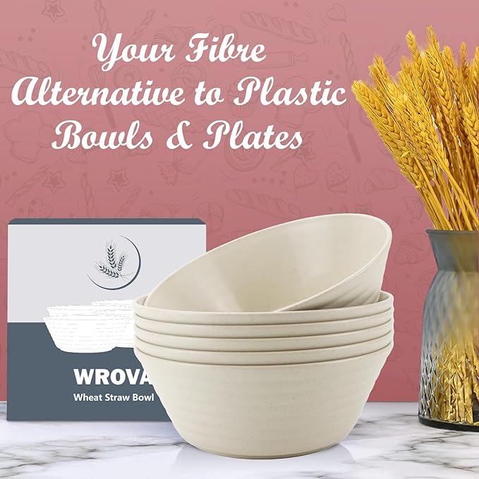 Wrova Wheat Straw Bowl Sets,6 PCS Unbreakable Cereal Bowl 36 OZ,Microwave and Dishwasher Safe Bowls,Soup Bowl Sets for Serving Soup,Oatmeal and Salad （Beige）