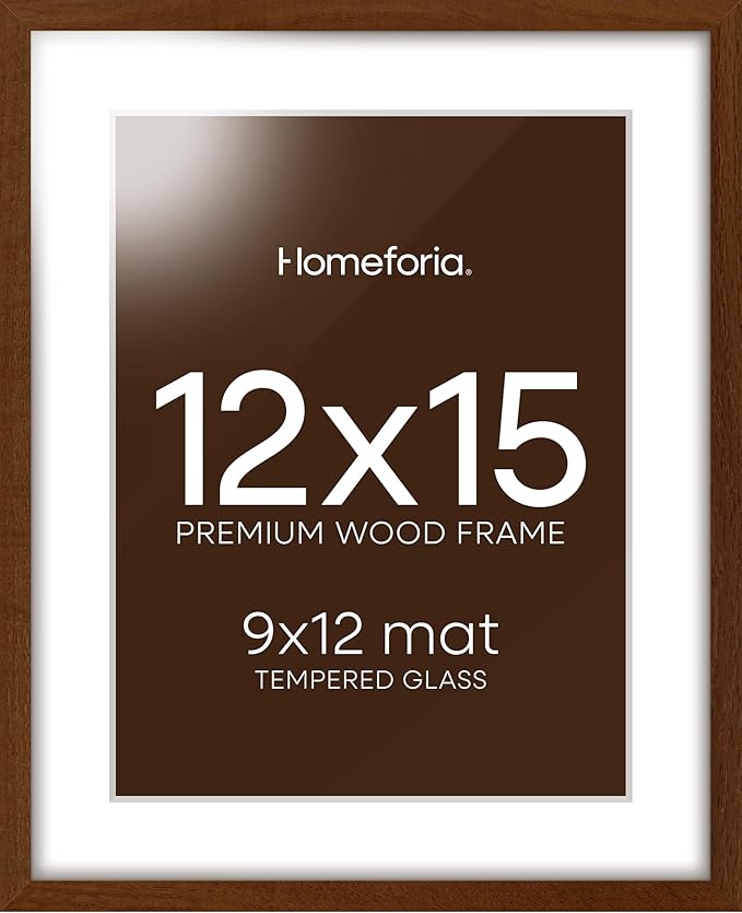 Homeforia 12x15 Picture Frame Brown, High End Dark Oak 12x15 Walnut Wood Poster Frame with Mat 9x12 Print, 12 x 15 Wooden Frame Matted to 9 x 12 Photo, 15x12 Frames, Tempered Glass, Wall Kit, Set of 1