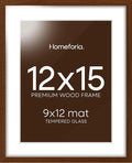 Homeforia 12x15 Picture Frame Brown, High End Dark Oak 12x15 Walnut Wood Poster Frame with Mat 9x12 Print, 12 x 15 Wooden Frame Matted to 9 x 12 Photo, 15x12 Frames, Tempered Glass, Wall Kit, Set of 1