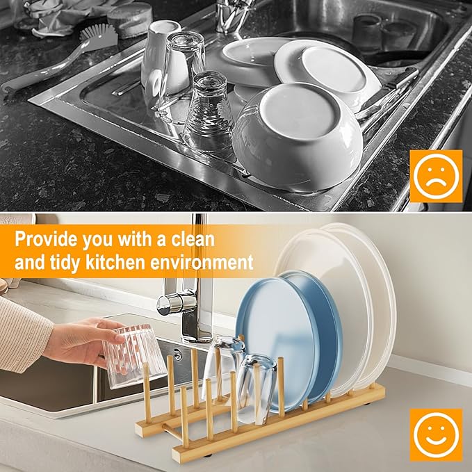Bamboo Dish Drying Rack for Kitchen Organizer-Sturdy Plate Rack Organizer with Natural Bamboo, Dish Rack Holds Plates, Cups & Cutting Boards-Dish Drying Rack for Countertop & Cabinets（2 Pack）