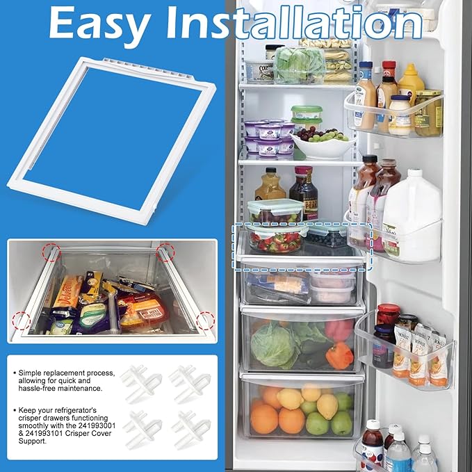 UPGRADED 241969501 Refrigerator Shelf Frame Compatible with Frigidaire Shelf Replacement Parts Crisper Drawer Pan Cover with 241993101 & 241993001 Crisper Cover Support LFSS2612TF0, FFSS2615TS0 Shelf