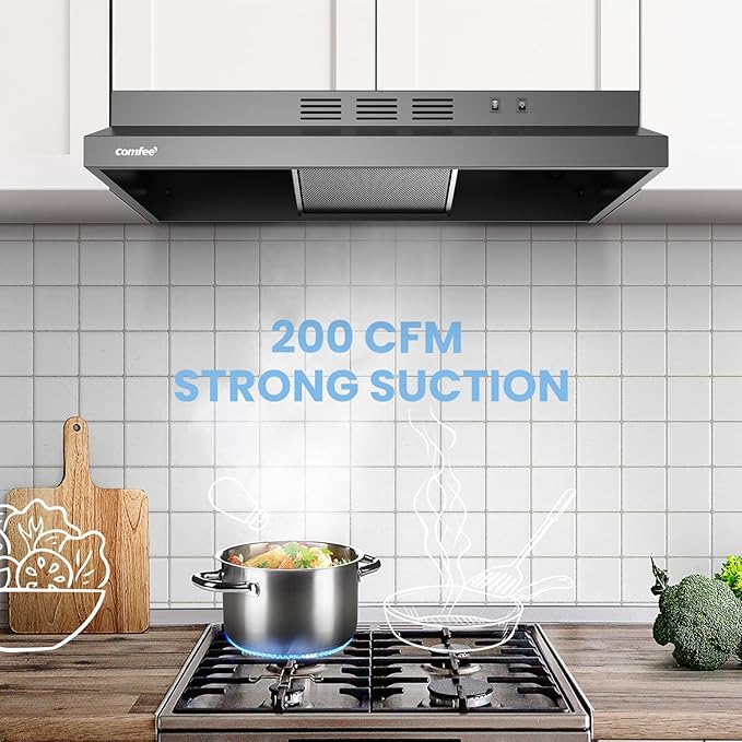 Comfee' Range Hood 30 Inch Ducted Ductless Vent Hood Durable Stainless Steel Kitchen Hood for Under Cabinet with 2 Reusable Filter, 200 CFM, 2 Speed Exhaust Fan