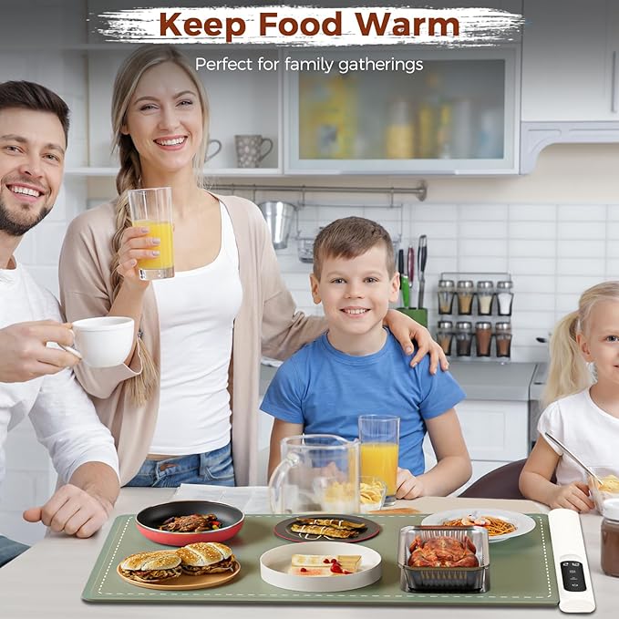 Graphene Warming Mat for Food - Fast Full Surface Heating Electric Warming Tray, Portable Food Warmer for Parties Buffet with 6 Temperature and Timer Settings, Gifts for Mom Wife, Green