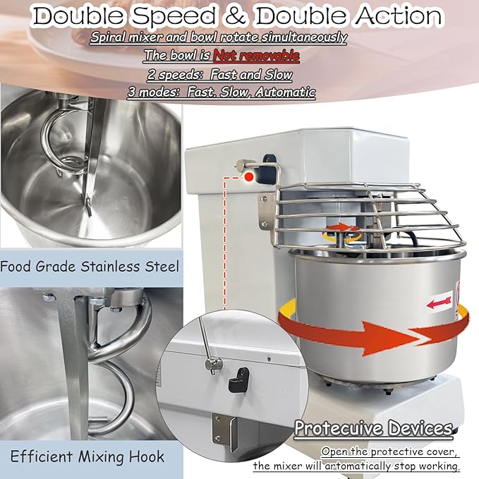 INTSUPERMA Commercial Dough Mixer Machine 10 L Capacity Electric Food Mixer with Double Action Double Speed 10 QT Spiral Mixer for Schools Bakeries Restaurants Pizzerias 110V 550W