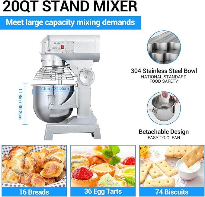 20Qt Commercial Food Mixer, Commercial Dough Mixer 1100W 3-Speeds Adjustable, Heavy Duty Electric Stand Mixer with Stainless Steel Bowl for Kitchenaid and Pizzeria (Simple)