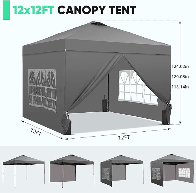 Saemoza 12x12 Pop Up Canopy Tent with One Push Setup, Portable Sun Shade Tent, Instant Easy Up Canopy with 4-Sidewalls & Wheeled Bag, Outdoor Fldable Gazebo with Vent Top, Grey.