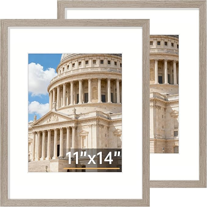 Vittanly 11x14 Picture Frame Set of 2, Solid Wood Frame for Wall Art Photo and Prints, Display Photo 8x10 with Mat or 11x14 without Mat, Light Brown