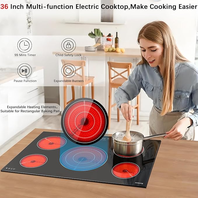 Karinear 36 Inch Electric Cooktop, 5 Burners Electric Stove Top, Built-in Glass Radiant Electric Ceramic Cooktop, Expandable Zones, Lock, Timer, Pause,9200W 220~240v Hardwired(No Plug)