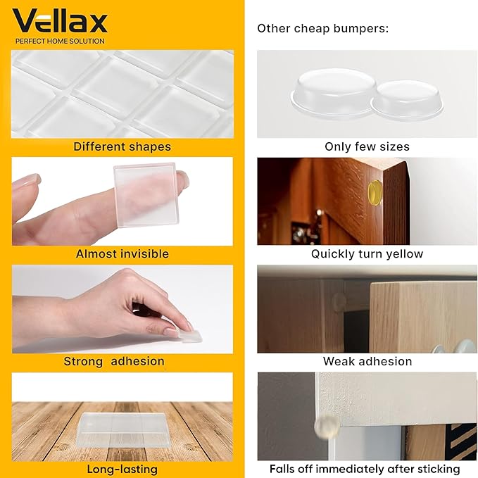 20 Clear Silicone Bumper Blocks – 1" x 1" Anti-Slip Pads for Cabinets, Glass Table Tops, and Chairs – Wall Protector & Soft-Close Noise Dampening Pads by Vellax