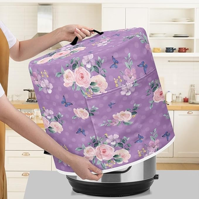 TODIYADDU Purple Rose Butterfly Electric Pressure Cooker Cover Round Protective Cover Bag with Pocket and Handle for Instant Pot or Rice Cooker Kitchen Small Appliance Dust Covers Nice Holiday Gifts