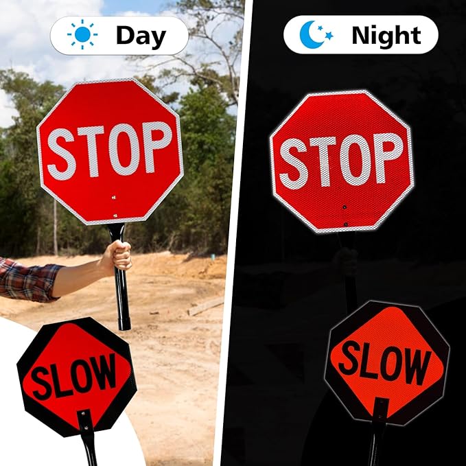 GicnKeuz Stop Slow Sign with Metal Handle, 13x13 inches Double Sided Slow/Stop sign, Traffic Reflective Aluminum Sign, Fade Resistant/Waterproof, Easy to Mount (4 Pack)