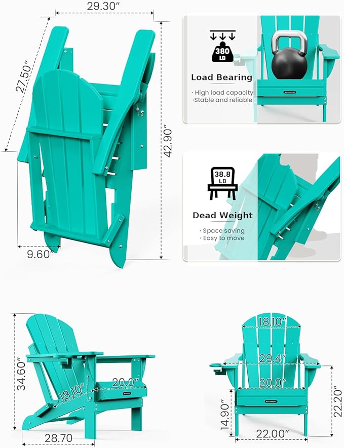 MUCHENGHY Folding Adirondack Chairs 6 Pack, Patio Chairs, Outdoor Chairs, Adirondack Chair Plastic, Fire Pit Chairs, Weather Resistant with Cup Holder for Deck, Backyard, Garden(Lake Blue)