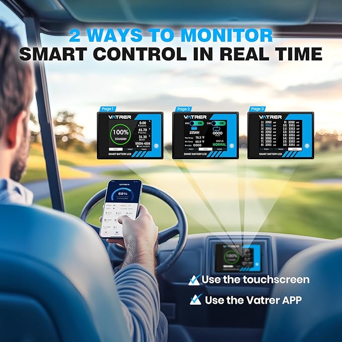 72V (70.4V) 105Ah Lithium Golf Cart Battery, Built-in 200A BMS, with Touch Monitor & Mobile APP, 4000+ Cycles LiFePO4 Battery, Max 14.08kW Power Output, Perfect for Golf Carts
