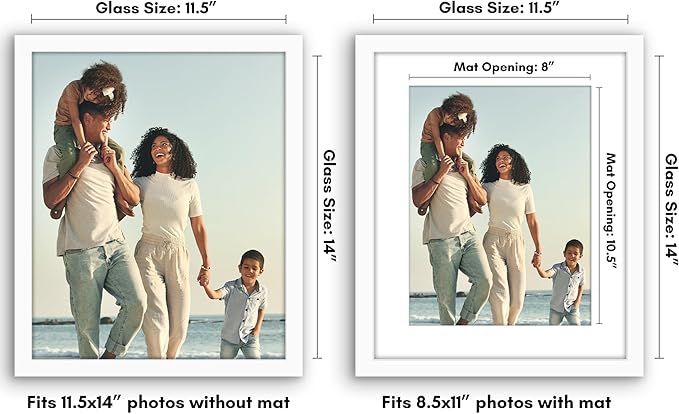 Americanflat 11.5x14 Picture Frame with Shatter-Resistant Glass - Use as 8.5x11 Frame with Mat or Display 11.5x14 Photo Without Mat - Signature Collection - Picture Frames for Wall Display - White